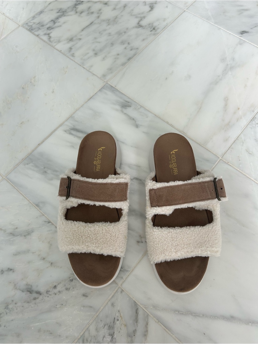 Cozy Ugg Shearling Slide Sandals in Cream and Brown